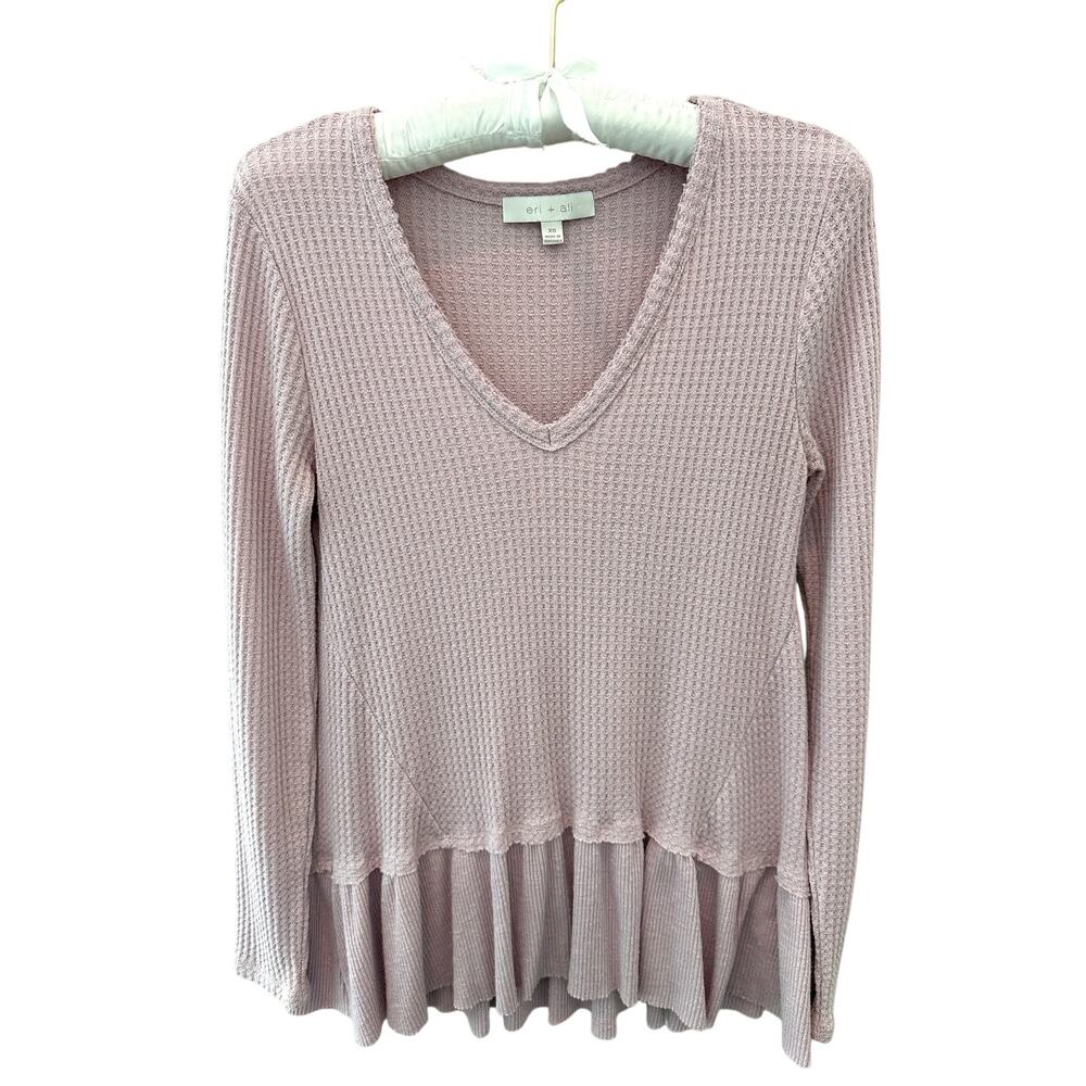 ANTHROPOLOGIE | Eri + Ali Lavender Purple Waffle Knit Peplum V-Neck Top | XS